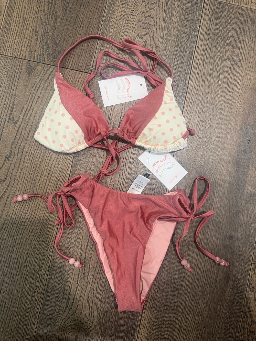 Dippin' Daisy's Dusty Rose Two-Piece Bikini with Cream Polka Dots NWT Medium
